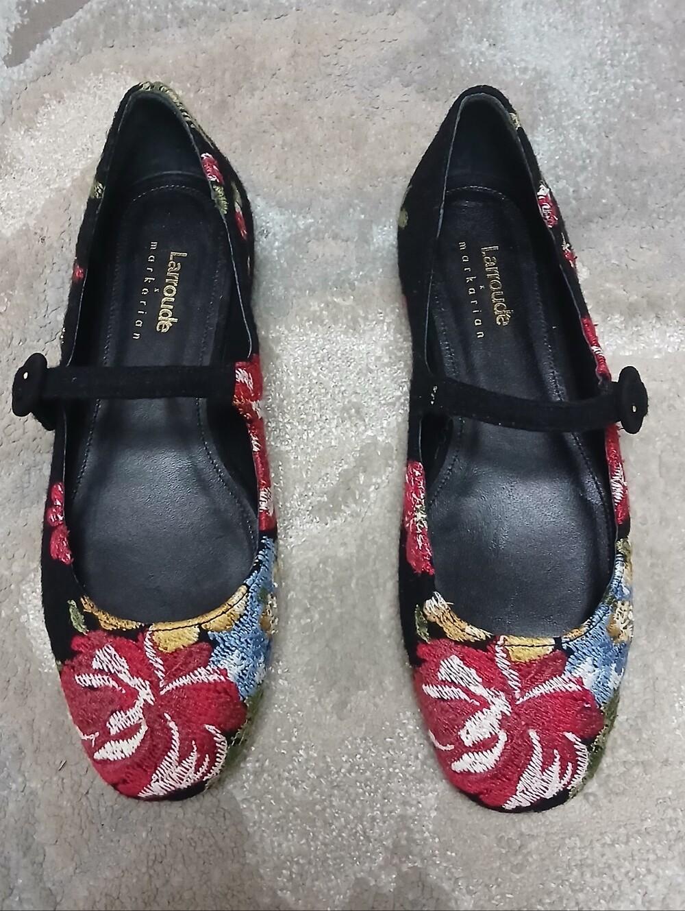 LARROUDE X MARKARIAN Floral Embroidered Black Mary Jane Flats - Red Multi